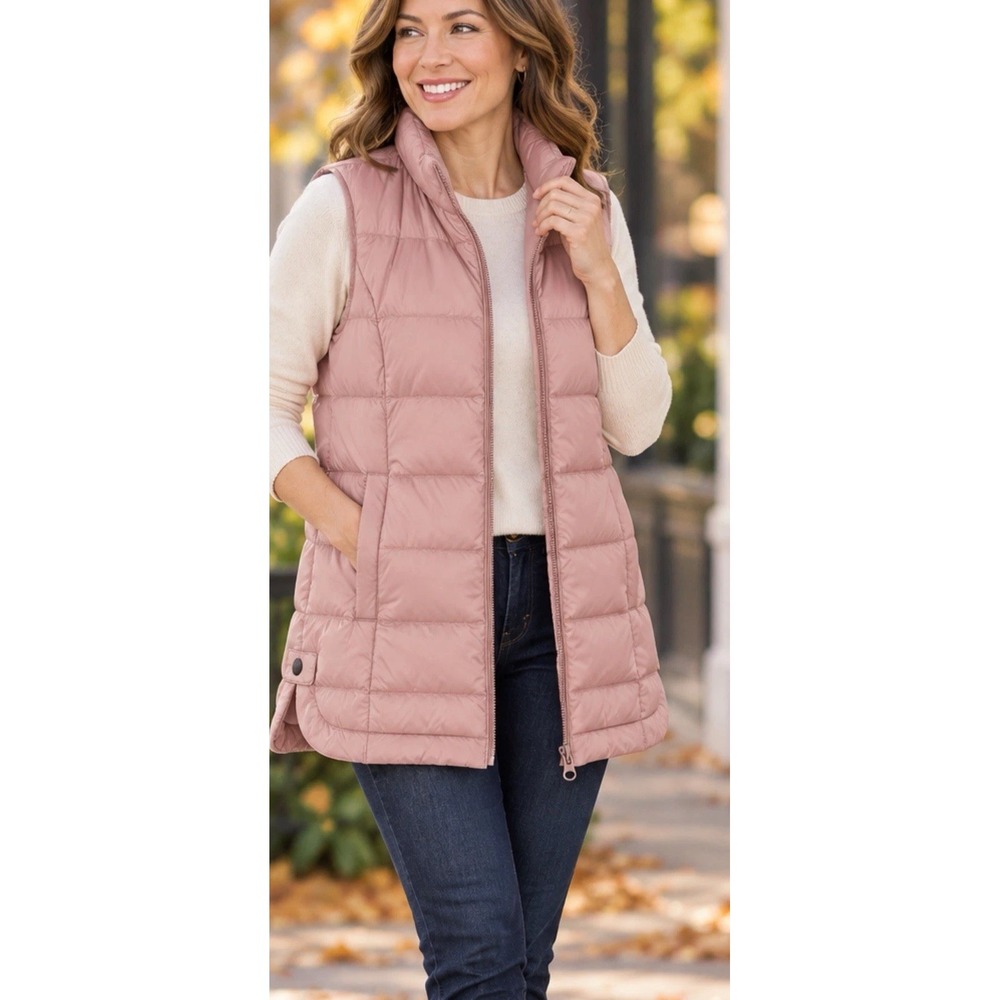 J Jill Down M Puffer Vest Womens Light Pink Quilted Full Zip Longline Side Snaps